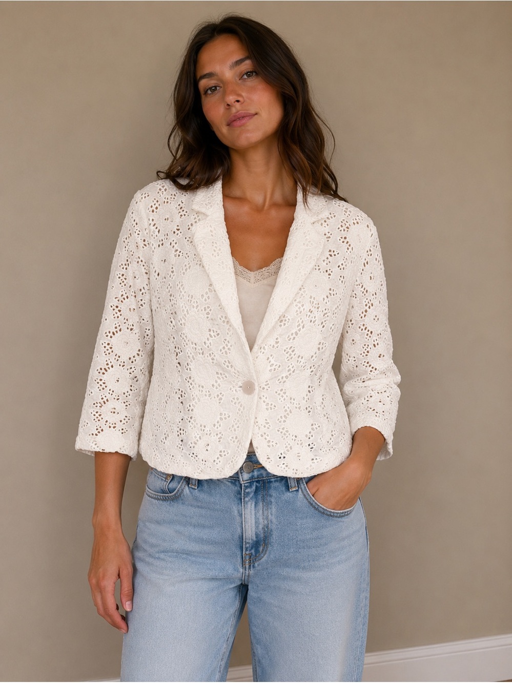 SANDRO White Floral Eyelet Lace Blazer